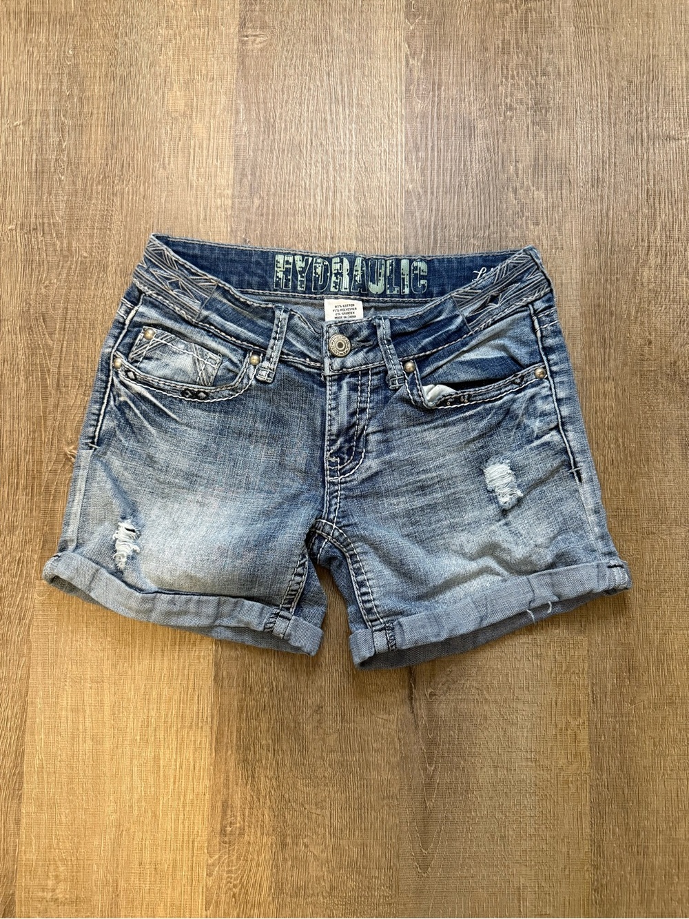 Hydraulic Denim Shorts Size 3/4 Distressed Embellished Pocket Y2K